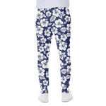 White Blue Hibiscus Floral Pattern Print Scuba Joggers