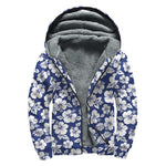 White Blue Hibiscus Floral Pattern Print Sherpa Lined Zip Up Hoodie