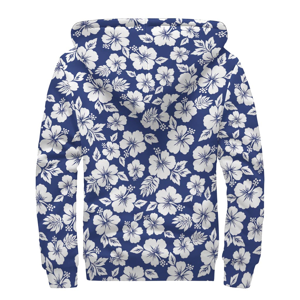 White Blue Hibiscus Floral Pattern Print Sherpa Lined Zip Up Hoodie