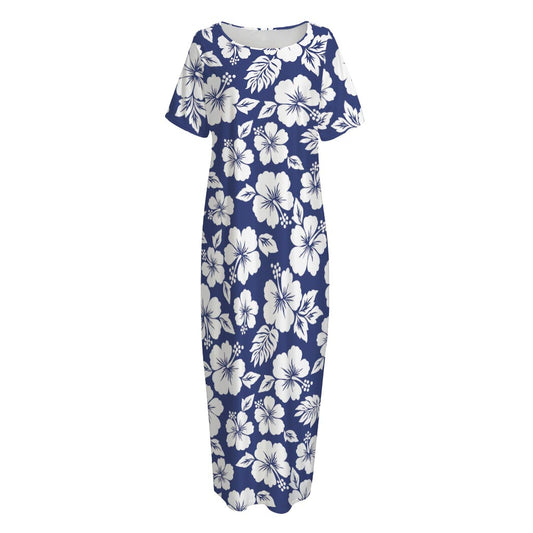 White Blue Hibiscus Floral Pattern Print Short Sleeve Long Nightdress