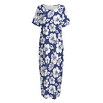 White Blue Hibiscus Floral Pattern Print Short Sleeve Long Nightdress