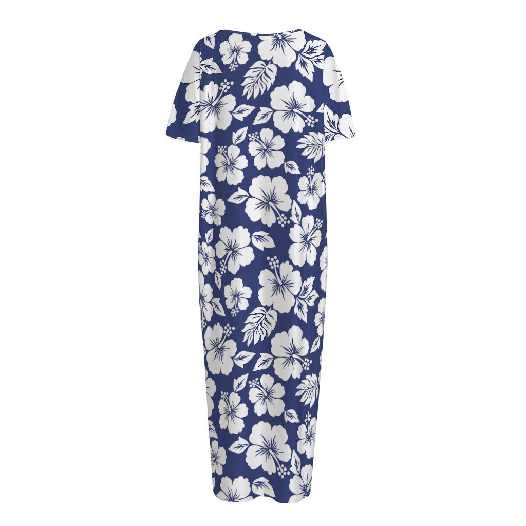 White Blue Hibiscus Floral Pattern Print Short Sleeve Long Nightdress
