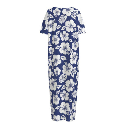 White Blue Hibiscus Floral Pattern Print Short Sleeve Long Nightdress