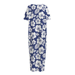 White Blue Hibiscus Floral Pattern Print Short Sleeve Long Nightdress