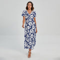 White Blue Hibiscus Floral Pattern Print Short Sleeve Maxi Dress