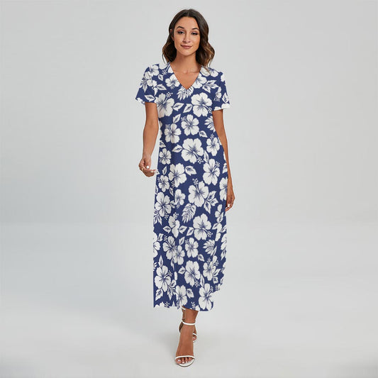White Blue Hibiscus Floral Pattern Print Short Sleeve Maxi Dress