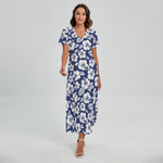 White Blue Hibiscus Floral Pattern Print Short Sleeve Maxi Dress