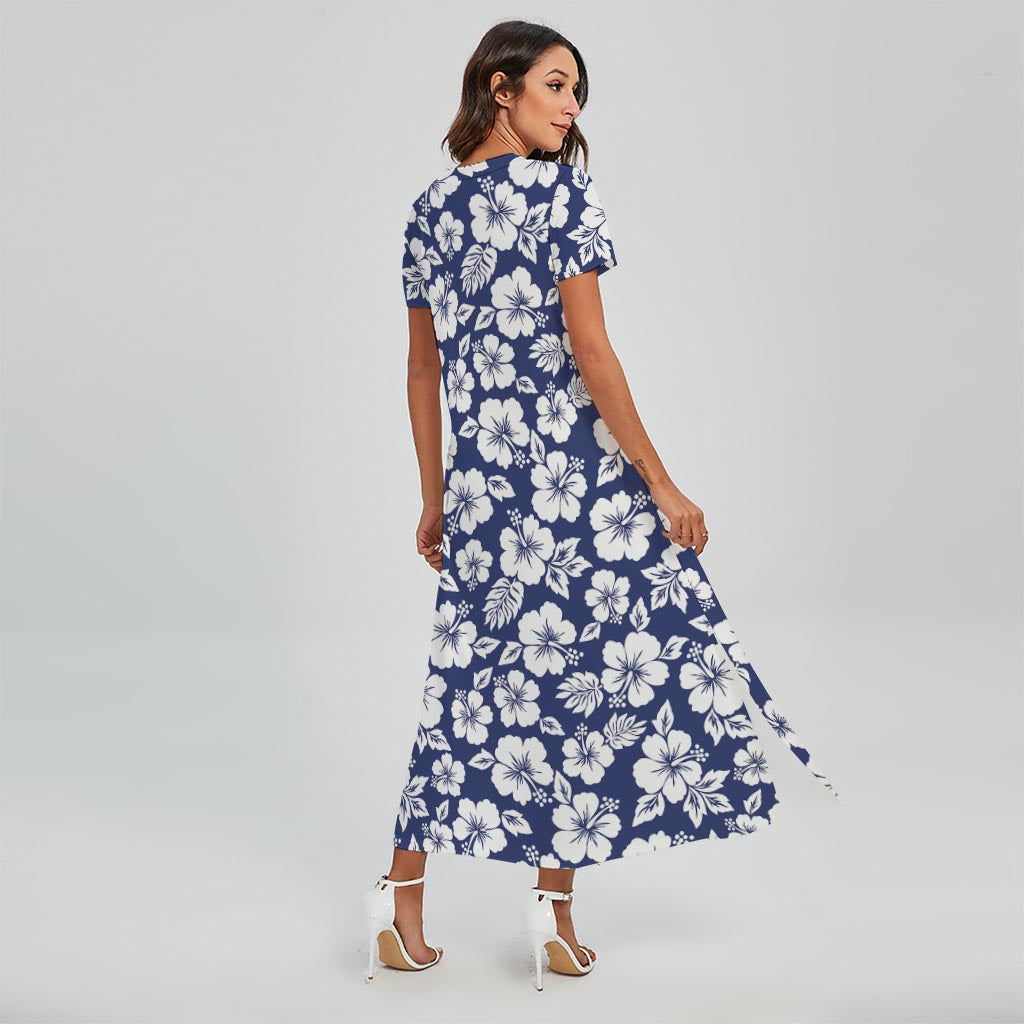 White Blue Hibiscus Floral Pattern Print Short Sleeve Maxi Dress