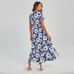 White Blue Hibiscus Floral Pattern Print Short Sleeve Maxi Dress