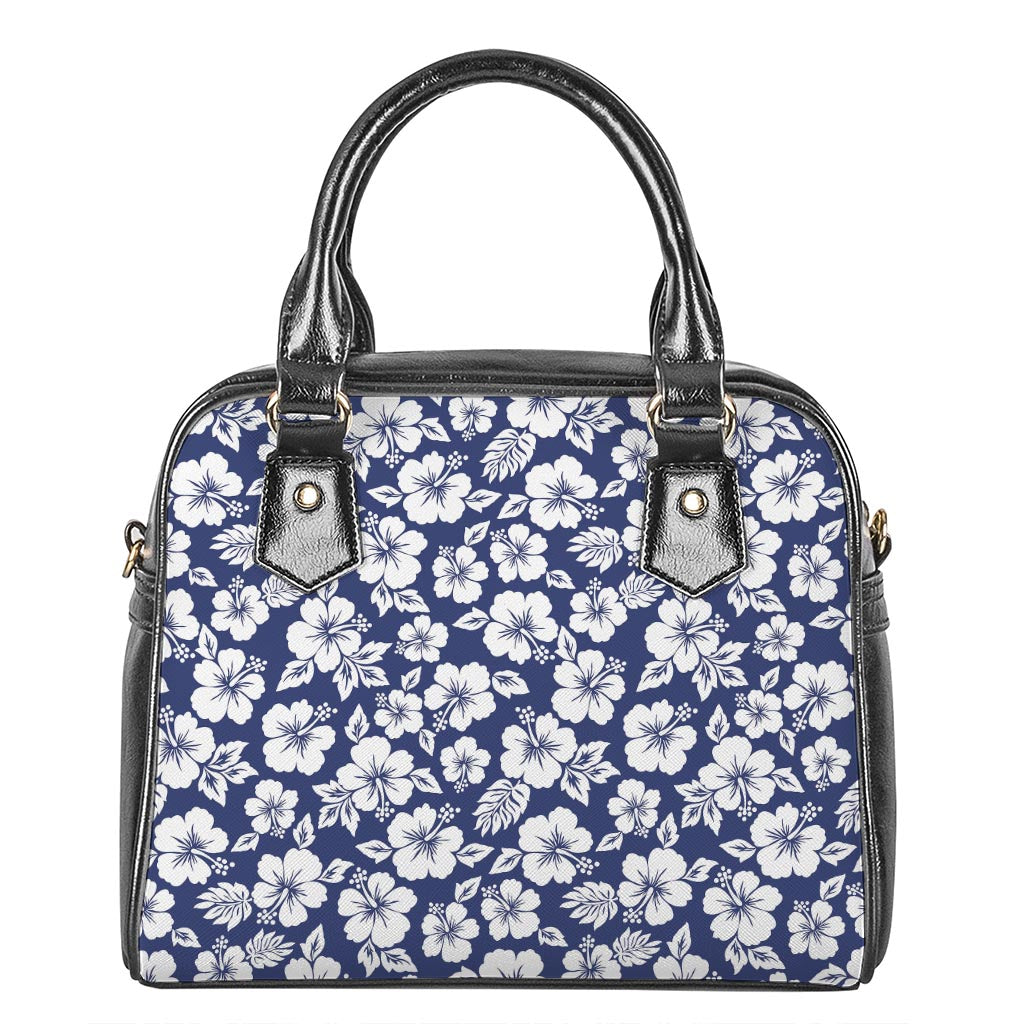 White Blue Hibiscus Floral Pattern Print Shoulder Handbag