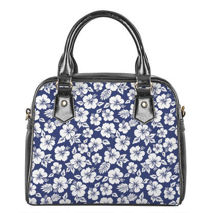 White Blue Hibiscus Floral Pattern Print Shoulder Handbag