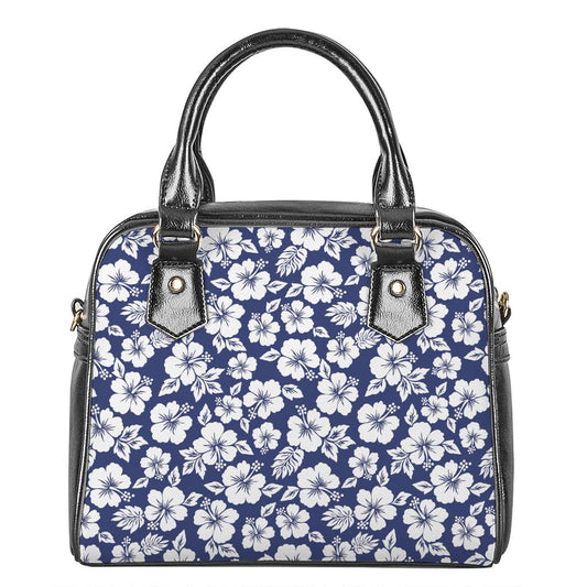 White Blue Hibiscus Floral Pattern Print Shoulder Handbag