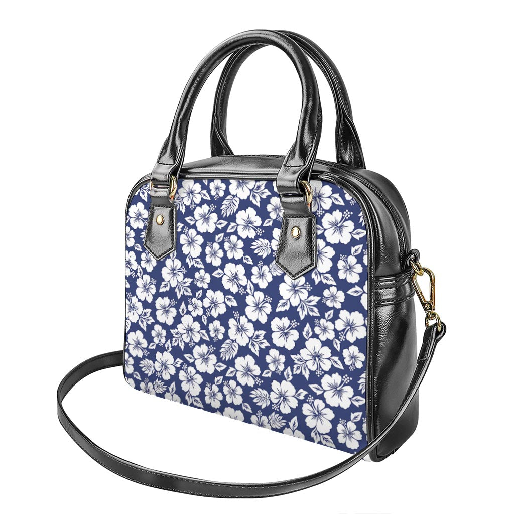 White Blue Hibiscus Floral Pattern Print Shoulder Handbag