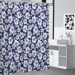 White Blue Hibiscus Floral Pattern Print Shower Curtain