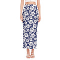 White Blue Hibiscus Floral Pattern Print Side Slit Maxi Skirt