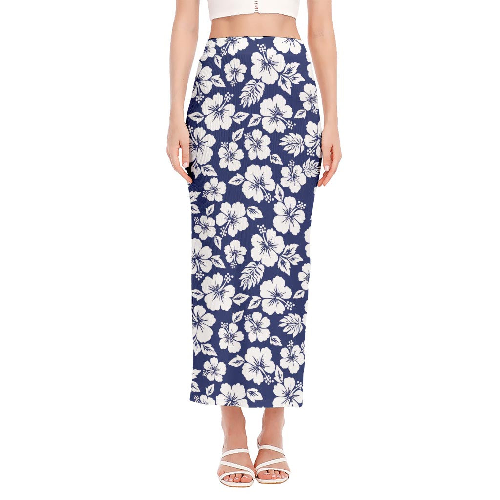 White Blue Hibiscus Floral Pattern Print Side Slit Maxi Skirt