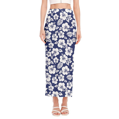White Blue Hibiscus Floral Pattern Print Side Slit Maxi Skirt