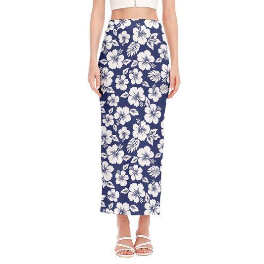 White Blue Hibiscus Floral Pattern Print Side Slit Maxi Skirt