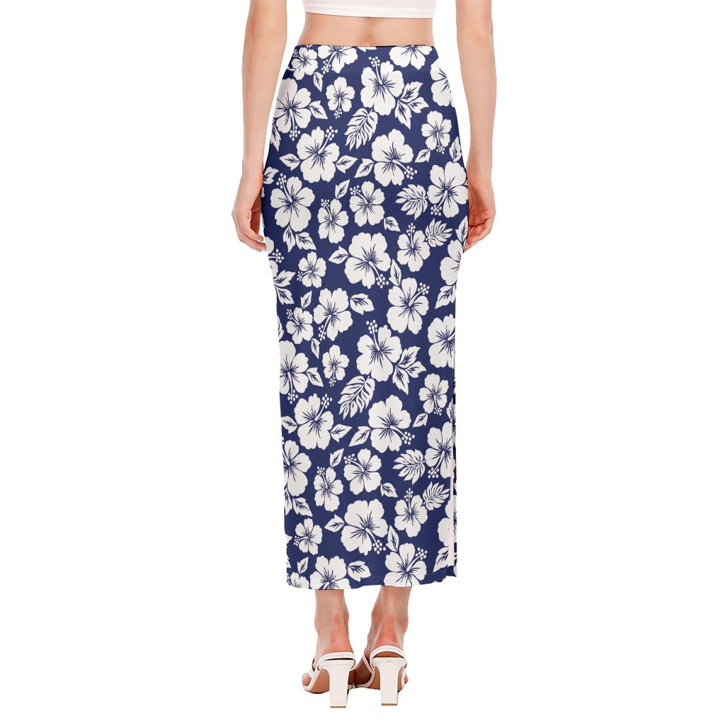 White Blue Hibiscus Floral Pattern Print Side Slit Maxi Skirt