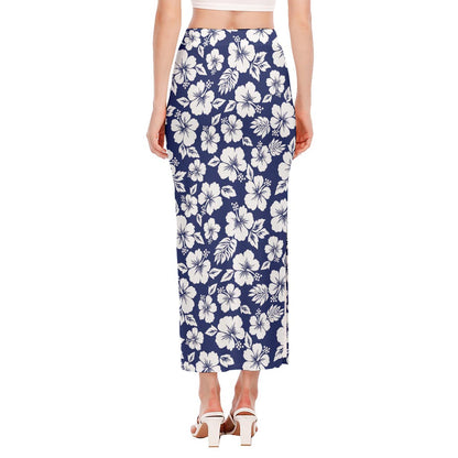 White Blue Hibiscus Floral Pattern Print Side Slit Maxi Skirt