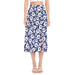 White Blue Hibiscus Floral Pattern Print Side Slit Midi Skirt
