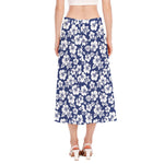 White Blue Hibiscus Floral Pattern Print Side Slit Midi Skirt