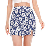 White Blue Hibiscus Floral Pattern Print Side Slit Mini Skirt