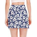 White Blue Hibiscus Floral Pattern Print Side Slit Mini Skirt