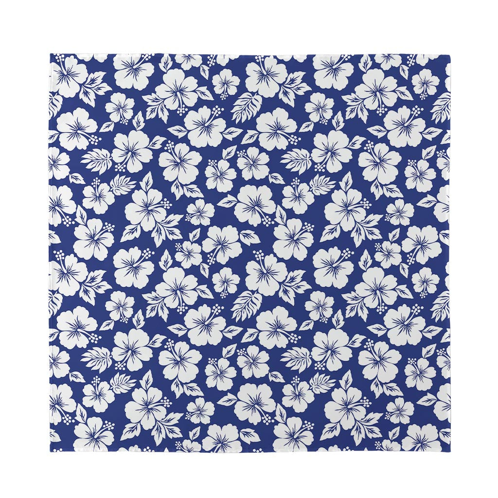 White Blue Hibiscus Floral Pattern Print Silk Bandana