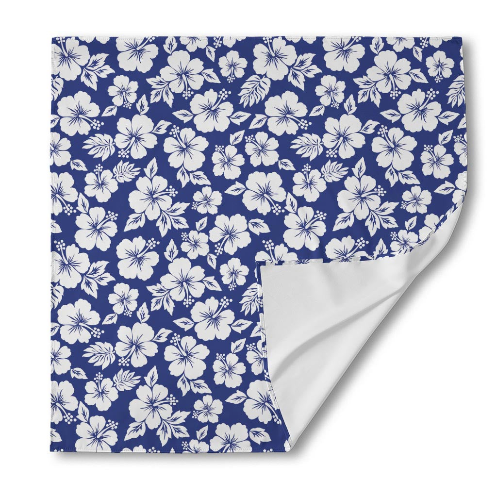White Blue Hibiscus Floral Pattern Print Silk Bandana