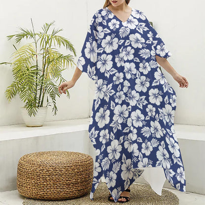 White Blue Hibiscus Floral Pattern Print Silk V-Neck Kaftan Dress