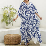 White Blue Hibiscus Floral Pattern Print Silk V-Neck Kaftan Dress