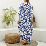 White Blue Hibiscus Floral Pattern Print Silk V-Neck Kaftan Dress