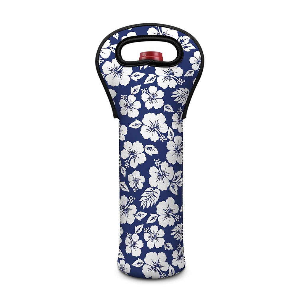 White Blue Hibiscus Floral Pattern Print Single Neoprene Wine Tote