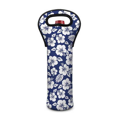 White Blue Hibiscus Floral Pattern Print Single Neoprene Wine Tote