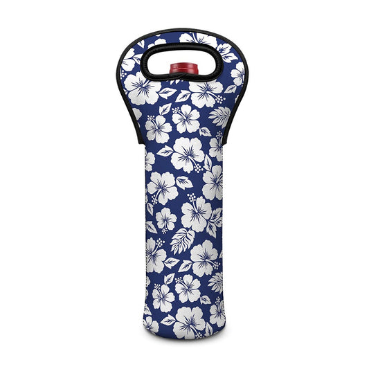 White Blue Hibiscus Floral Pattern Print Single Neoprene Wine Tote