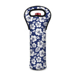 White Blue Hibiscus Floral Pattern Print Single Neoprene Wine Tote
