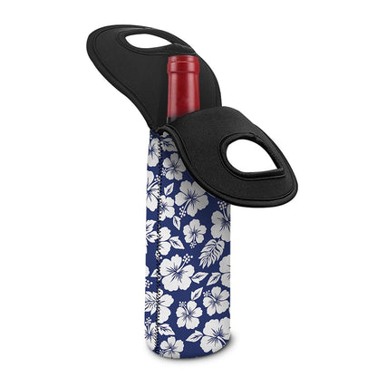 White Blue Hibiscus Floral Pattern Print Single Neoprene Wine Tote
