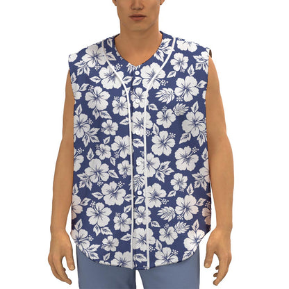 White Blue Hibiscus Floral Pattern Print Sleeveless Baseball Jersey