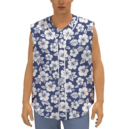 White Blue Hibiscus Floral Pattern Print Sleeveless Baseball Jersey