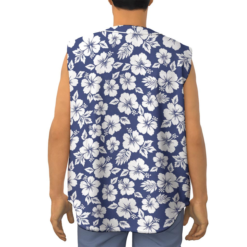 White Blue Hibiscus Floral Pattern Print Sleeveless Baseball Jersey