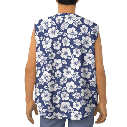 White Blue Hibiscus Floral Pattern Print Sleeveless Baseball Jersey