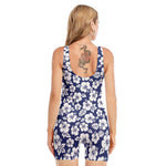 White Blue Hibiscus Floral Pattern Print Sleeveless One Piece Swimsuit