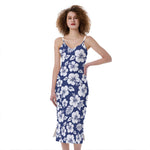 White Blue Hibiscus Floral Pattern Print Slim Fit Midi Cami Dress