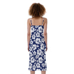 White Blue Hibiscus Floral Pattern Print Slim Fit Midi Cami Dress