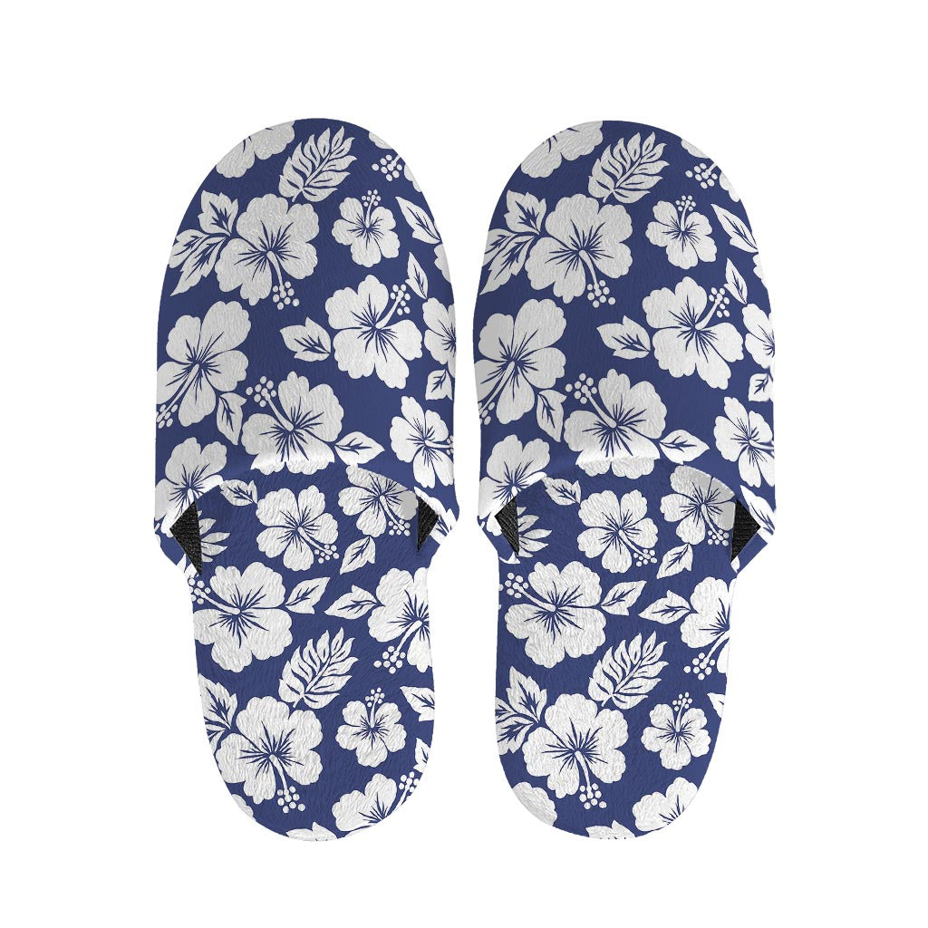 White Blue Hibiscus Floral Pattern Print Slippers