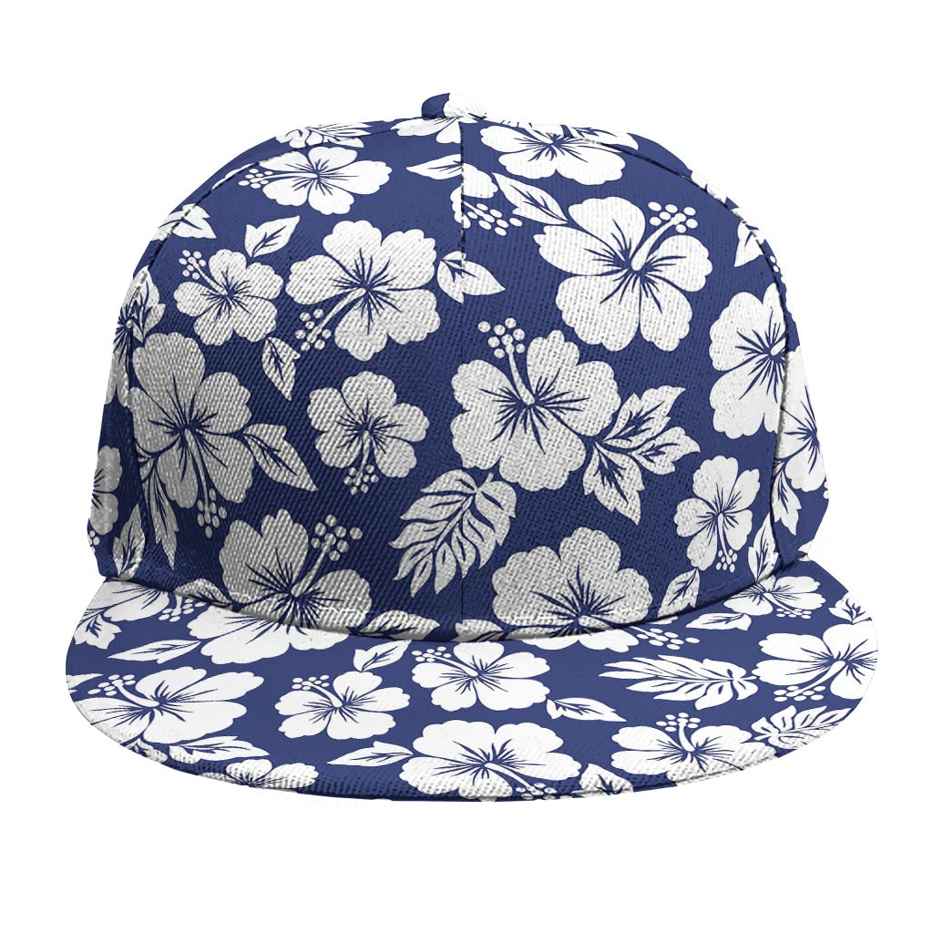 White Blue Hibiscus Floral Pattern Print Snapback Cap