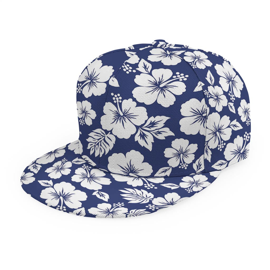 White Blue Hibiscus Floral Pattern Print Snapback Cap