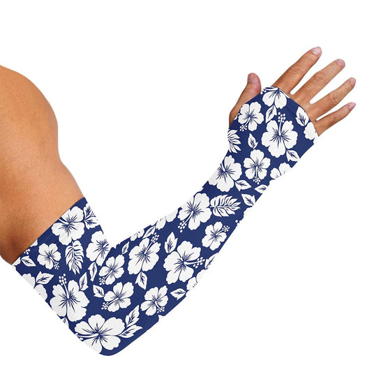 White Blue Hibiscus Floral Pattern Print Sun Protection Arm Sleeves