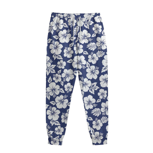 White Blue Hibiscus Floral Pattern Print Sweatpants